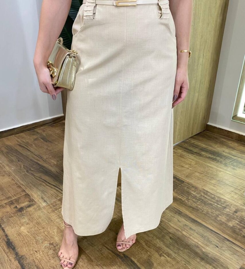Conjunto Feminino Sarah Cropped e Saia Midi Bege com Cinto - Fernanda Ramos Store