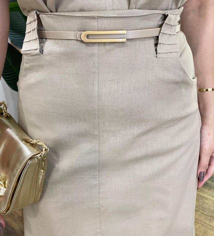 Conjunto Feminino Sarah Cropped e Saia Midi Caqui com Cinto - Fernanda Ramos Store
