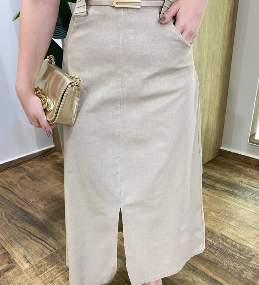 Conjunto Feminino Sarah Cropped e Saia Midi Caqui com Cinto - Fernanda Ramos Store