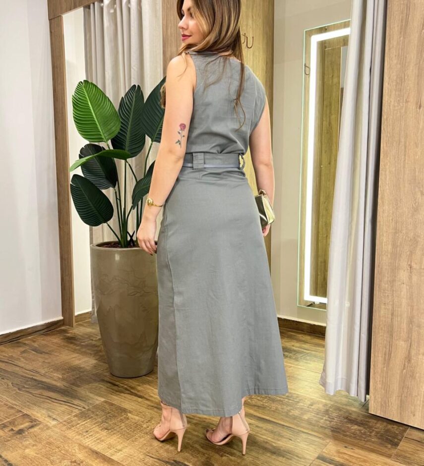 Conjunto Feminino Sarah Cropped e Saia Midi Cinza com Cinto - Fernanda Ramos Store