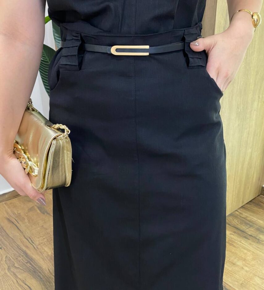 Conjunto Feminino Sarah Cropped e Saia Midi Preto com Cinto - Fernanda Ramos Store