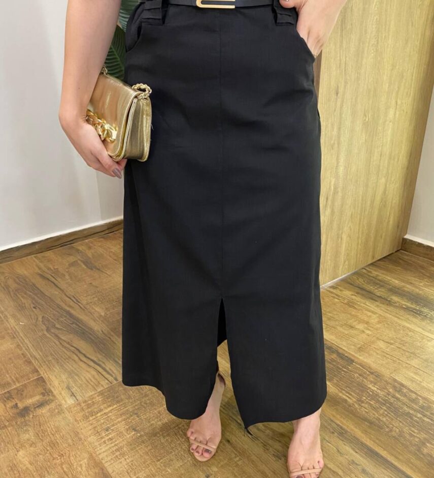 Conjunto Feminino Sarah Cropped e Saia Midi Preto com Cinto - Fernanda Ramos Store