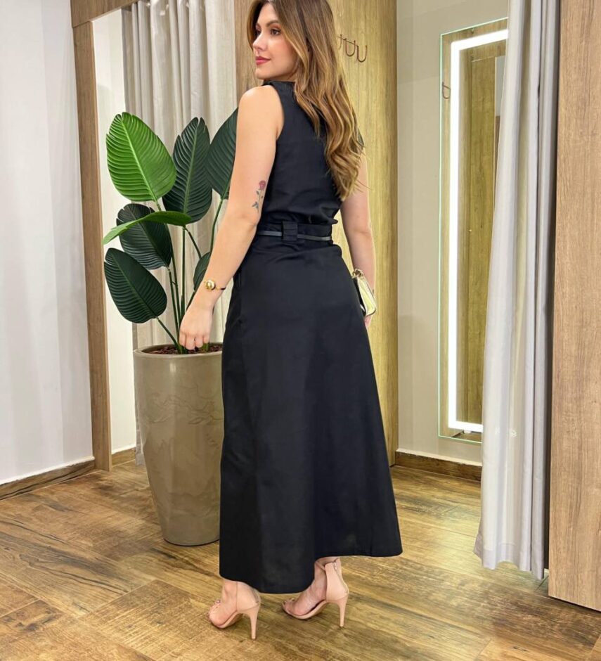 Conjunto Feminino Sarah Cropped e Saia Midi Preto com Cinto - Fernanda Ramos Store