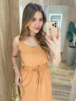 Conjunto Feminino Viscolinho Ayla Cropped e Saia Midi Caramelo - Fernanda Ramos Store