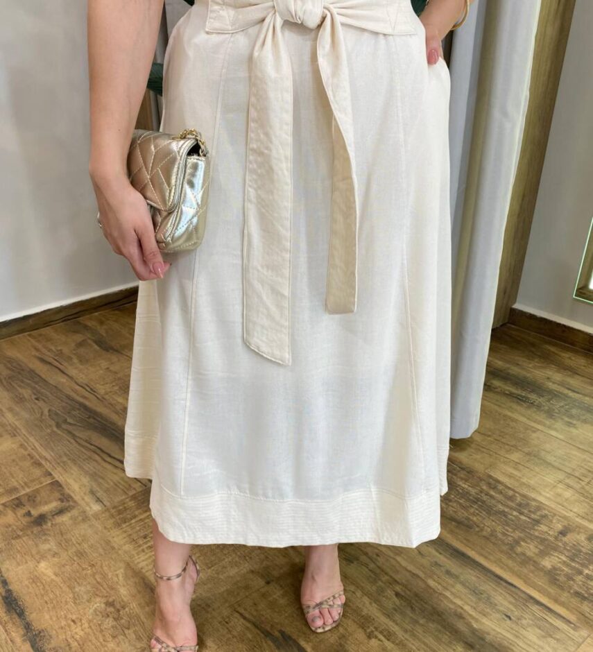 Conjunto Feminino Viscolinho Cropped e Saia Midi Nude com Amarração - Fernanda Ramos Store