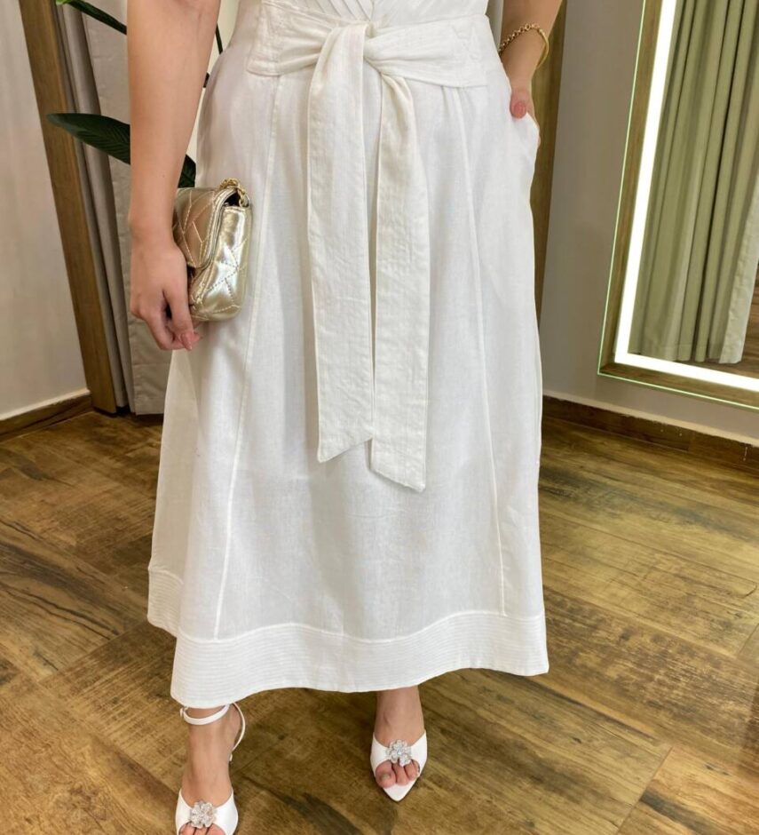 Conjunto Feminino Viscolinho Cropped e Saia Midi Off White com Amarração - Fernanda Ramos Store