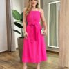 Conjunto Feminino Viscolinho Cropped e Saia Midi Pink com Amarração - Fernanda Ramos Store