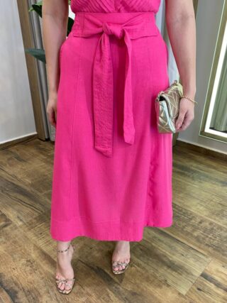 Conjunto Feminino Viscolinho Cropped e Saia Midi Pink com Amarração - Fernanda Ramos Store