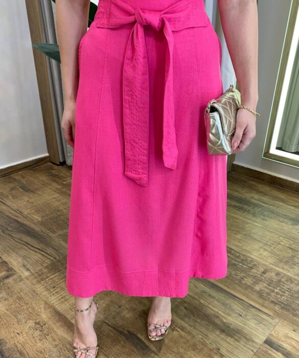 Conjunto Feminino Viscolinho Cropped e Saia Midi Pink com Amarração - Fernanda Ramos Store