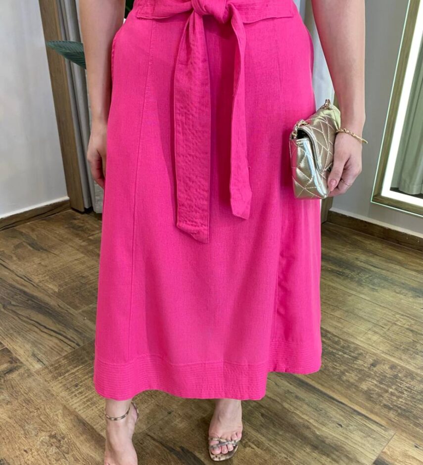 Conjunto Feminino Viscolinho Cropped e Saia Midi Pink com Amarração - Fernanda Ramos Store