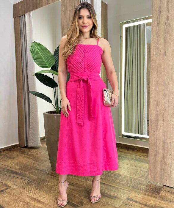 Conjunto Feminino Viscolinho Cropped e Saia Midi Pink com Amarração - Fernanda Ramos Store