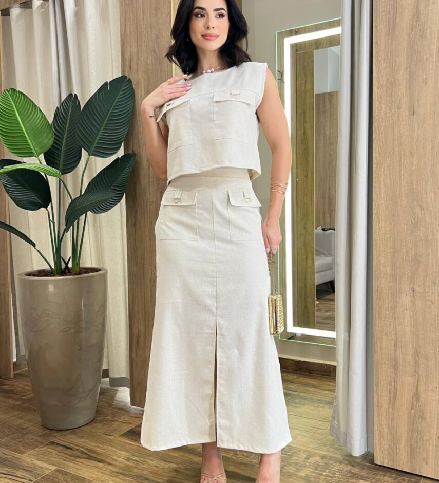 Conjunto Feminino Viscolinho Sophia Cropped e Saia Midi Cru - Fernanda Ramos Store