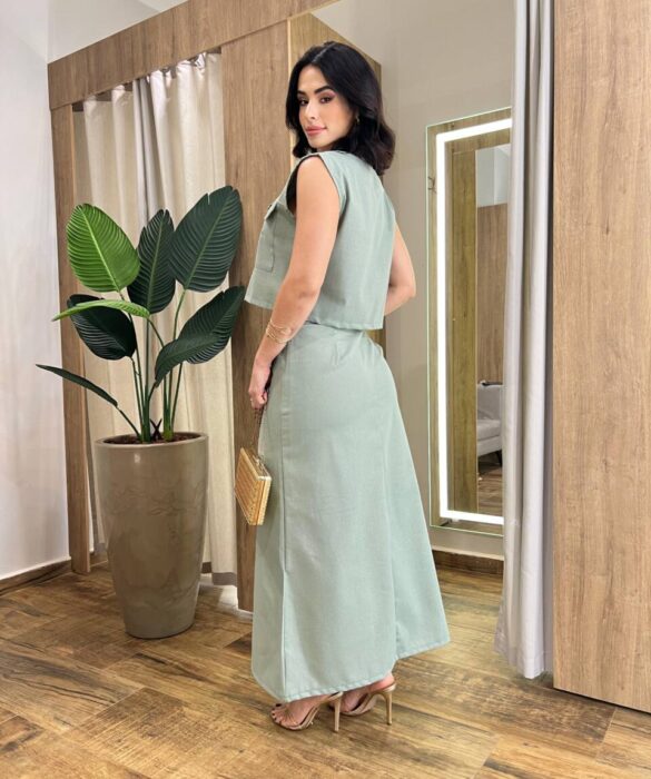 Conjunto Feminino Viscolinho Sophia Cropped e Saia Midi Verde - Fernanda Ramos Store