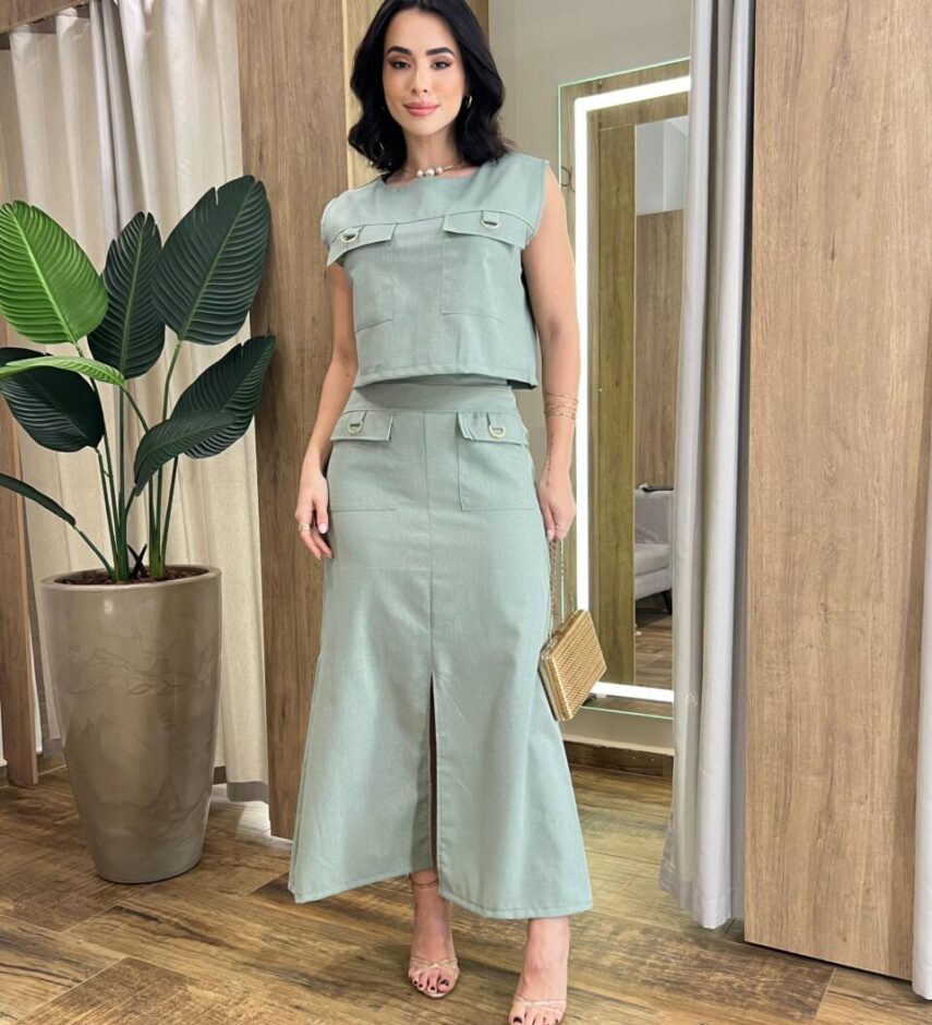 Conjunto Feminino Viscolinho Sophia Cropped e Saia Midi Verde - Fernanda Ramos Store