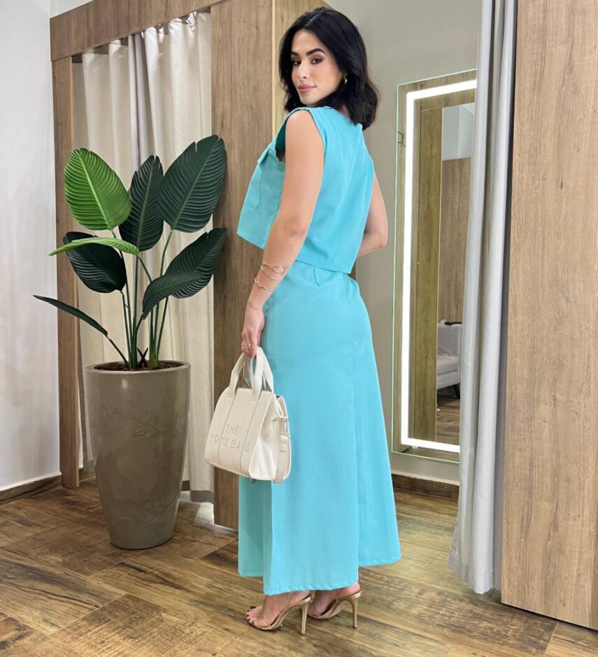 Conjunto Feminino Viscolinho Sophia Cropped e Saia Midi Verde Água - Fernanda Ramos Store