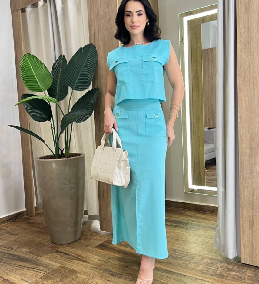 Conjunto Feminino Viscolinho Sophia Cropped e Saia Midi Verde Água - Fernanda Ramos Store
