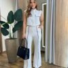 Conjunto Liz Cropped com Bolsos Falsos e Calça Pantalona Off White - Fernanda Ramos Store