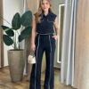 Conjunto Liz Cropped com Bolsos Falsos e Calça Pantalona Preto - Fernanda Ramos Store