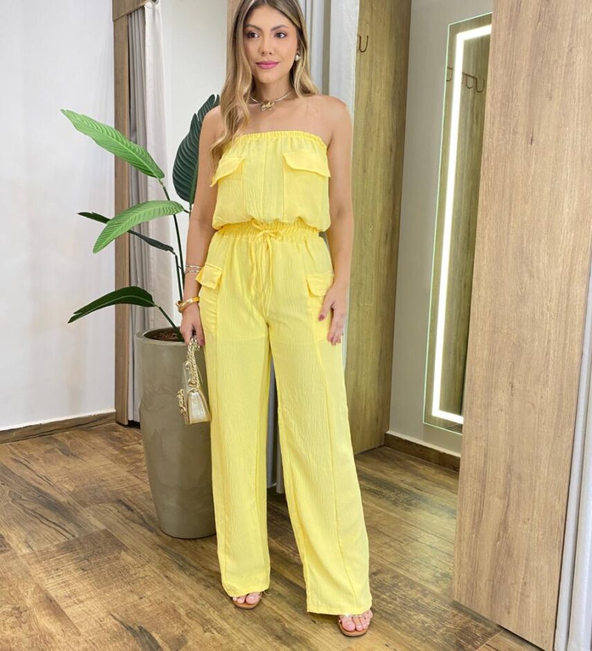 Macacão Feminino Longo Suzy sem Bojo Tomara que Caia Amarelo - Fernanda Ramos Store