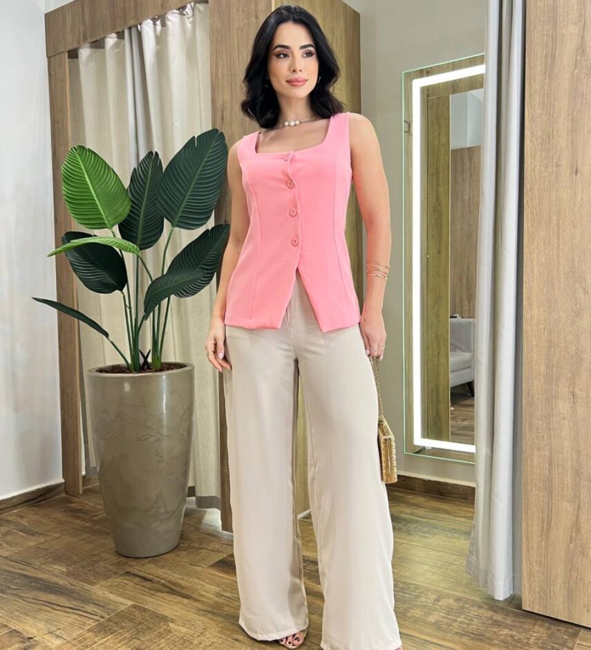 Regata Feminina Alfaiataria Valentina Rosa com Botões - Fernanda Ramos Store
