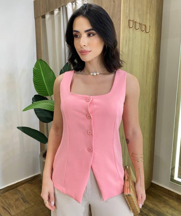 Regata Feminina Alfaiataria Valentina Rosa com Botões - Fernanda Ramos Store