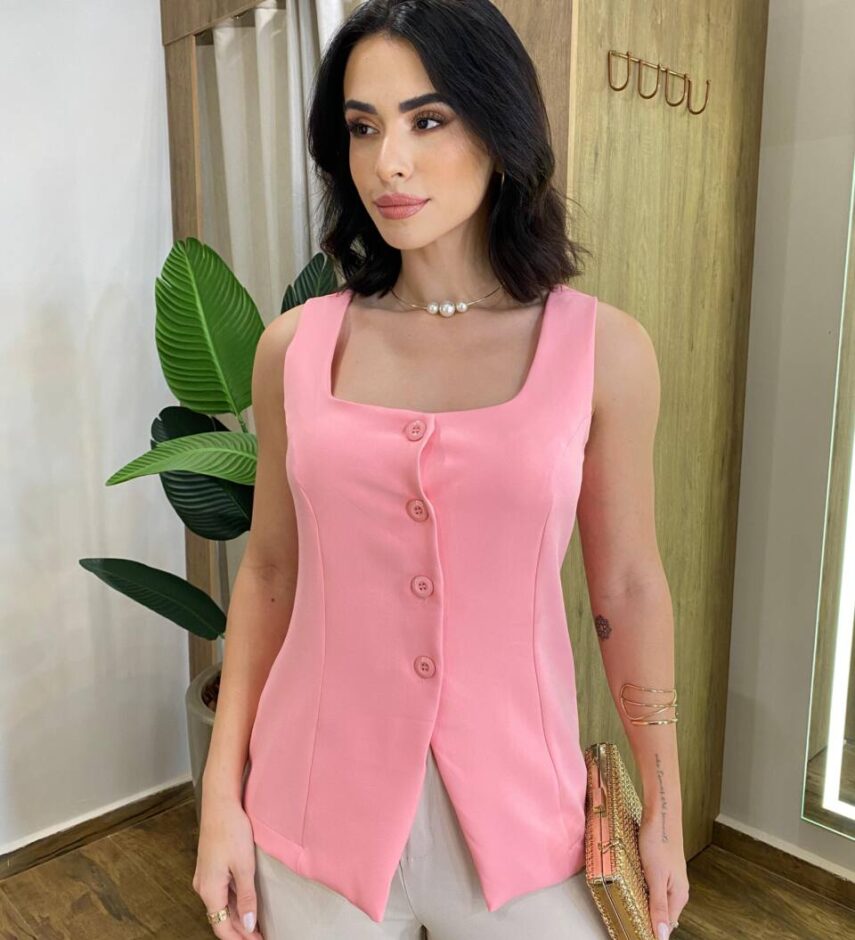 Regata Feminina Alfaiataria Valentina Rosa com Botões - Fernanda Ramos Store
