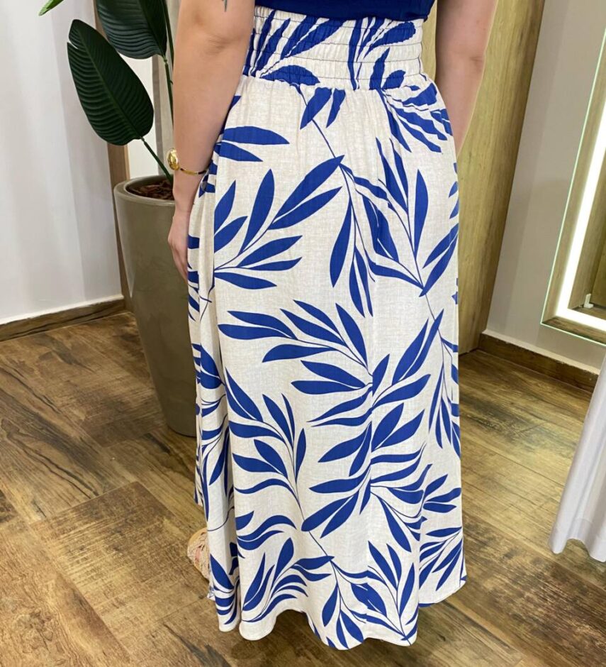 Saia Longa Feminina Ingrid com Bolsos e Fenda Estampada de Azul Bic - Fernanda Ramos Store