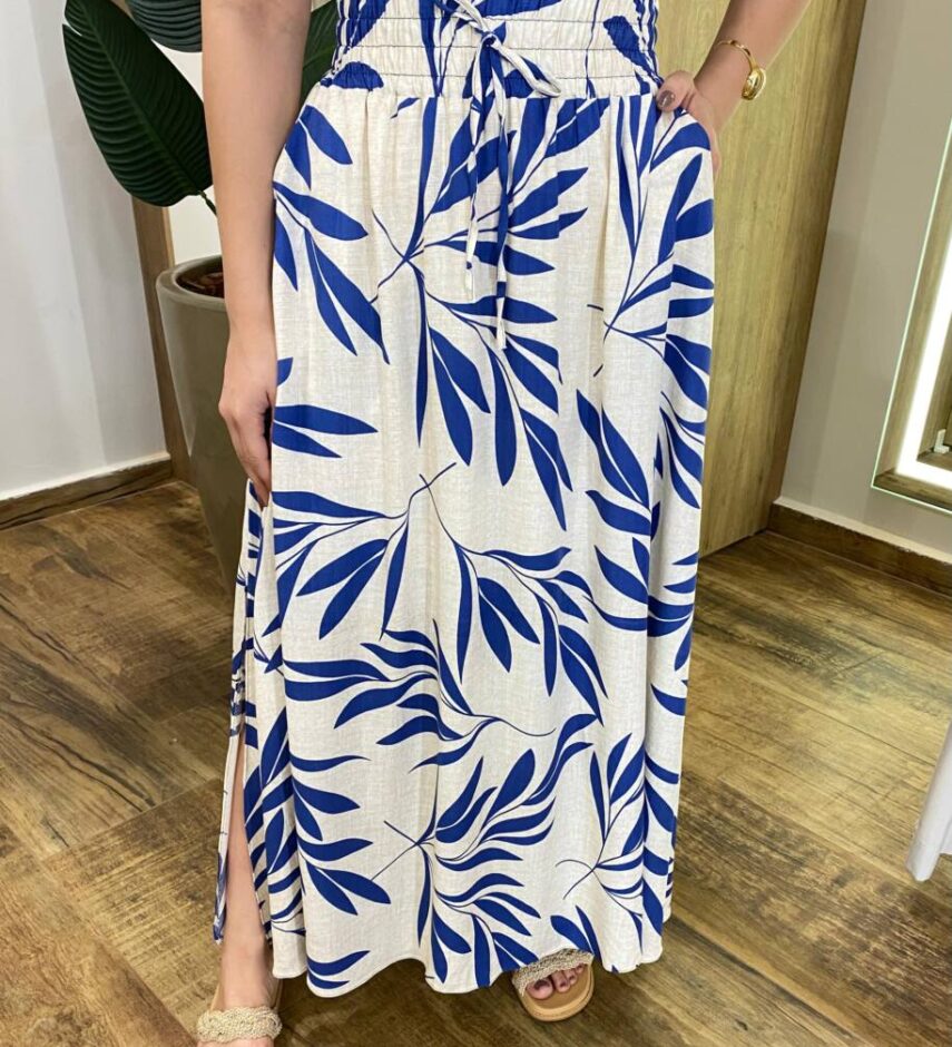 Saia Longa Feminina Ingrid com Bolsos e Fenda Estampada de Azul Bic - Fernanda Ramos Store