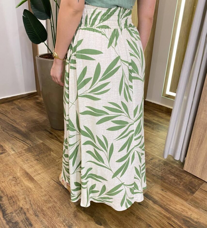 Saia Longa Feminina Ingrid com Bolsos e Fenda Estampada de Verde - Fernanda Ramos Store