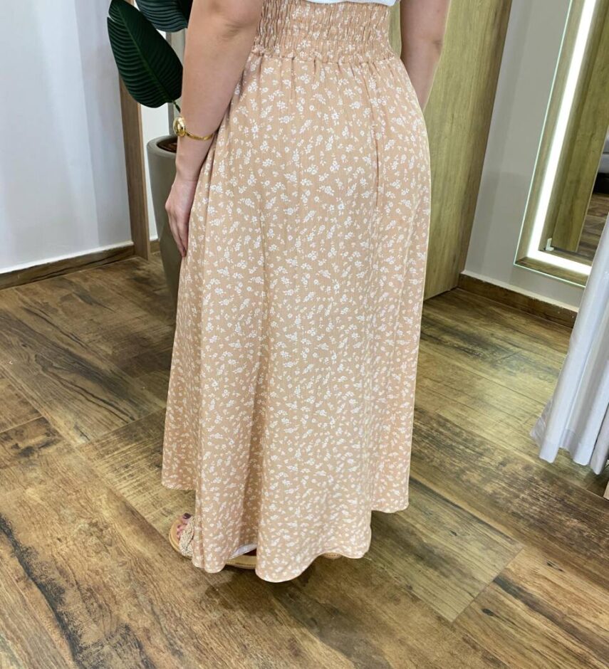 Saia Longa Feminina Luísa com Bolsos e Fenda Bege Estampada - Fernanda Ramos Store