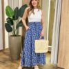 Saia Longa Feminina Luísa com Bolsos e Fenda Estampada Azul - Fernanda Ramos Store