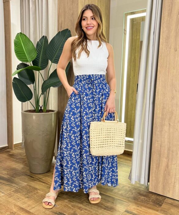 Saia Longa Feminina Luísa com Bolsos e Fenda Estampada Azul - Fernanda Ramos Store