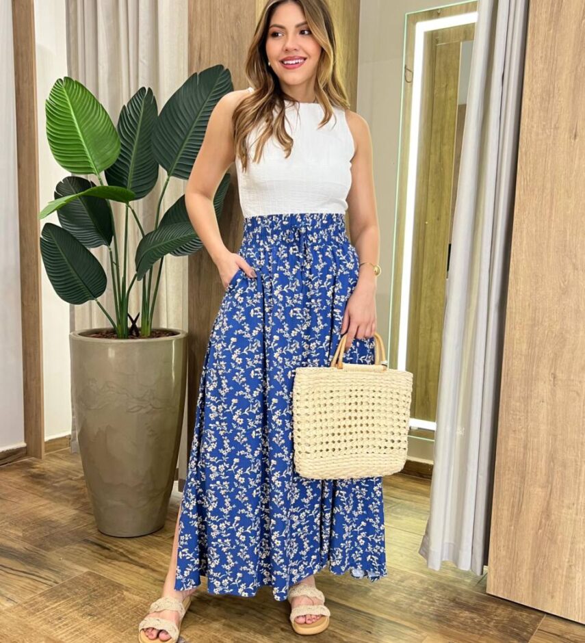 Saia Longa Feminina Luísa com Bolsos e Fenda Estampada Azul - Fernanda Ramos Store