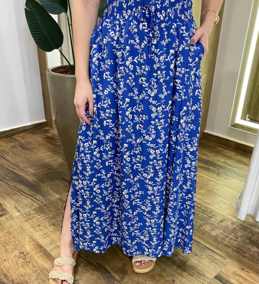 Saia Longa Feminina Luísa com Bolsos e Fenda Estampada Azul - Fernanda Ramos Store