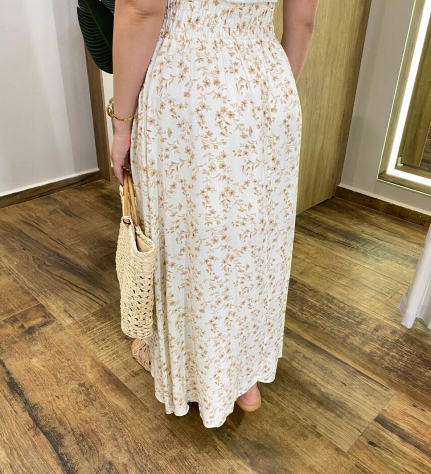 Saia Longa Feminina Luísa com Bolsos e Fenda Off White Estampada - Fernanda Ramos Store