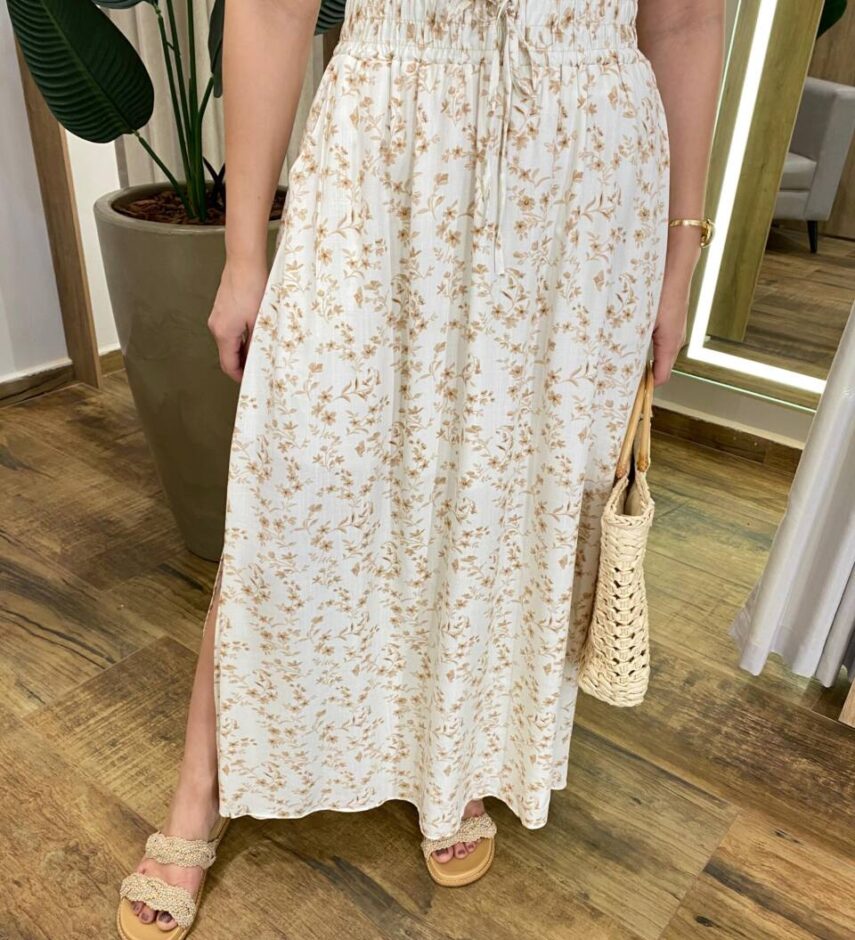 Saia Longa Feminina Luísa com Bolsos e Fenda Off White Estampada - Fernanda Ramos Store