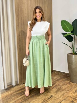 Saia Longa Feminina Luísa com Bolsos e Fenda Poá Verde - Fernanda Ramos Store