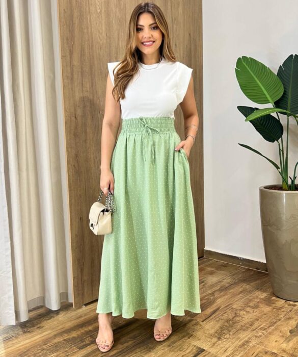 Saia Longa Feminina Luísa com Bolsos e Fenda Poá Verde - Fernanda Ramos Store