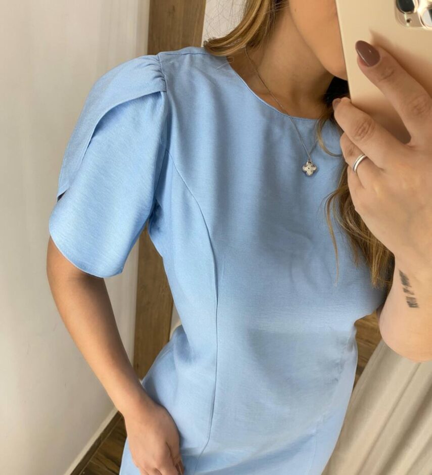Vestido Feminino Curto Maya sem Bojo Manga Curta Azul - Fernanda Ramos Store