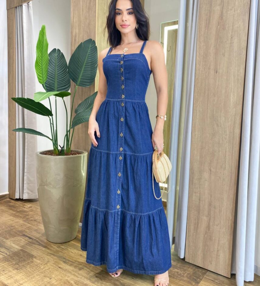 Vestido Longo Alice sem Bojo com Alça Regulável e Botões Jeans - Fernanda Ramos Store