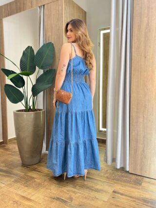 Vestido Longo Ana sem Bojo com Alça Regulável e Lastex Jeans - Fernanda Ramos Store