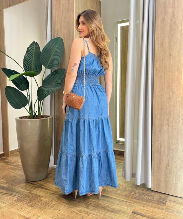 Vestido Longo Ana sem Bojo com Alça Regulável e Lastex Jeans - Fernanda Ramos Store