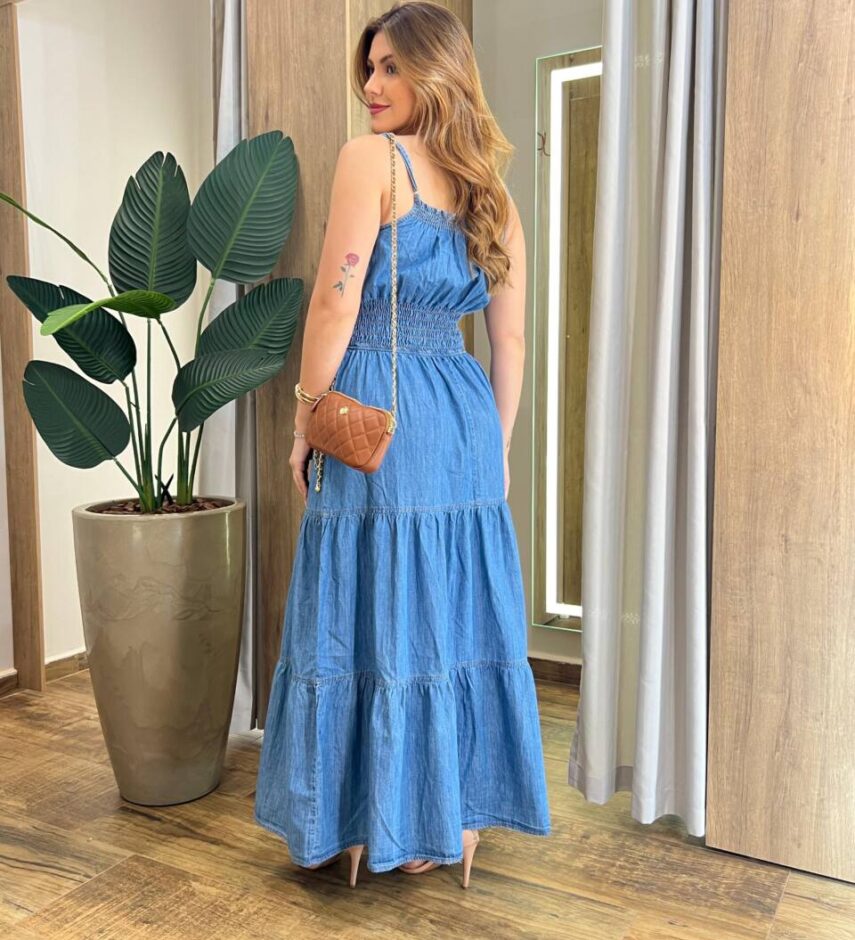 Vestido Longo Ana sem Bojo com Alça Regulável e Lastex Jeans - Fernanda Ramos Store