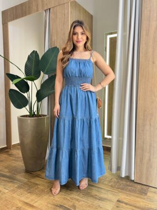 Vestido Longo Ana sem Bojo com Alça Regulável e Lastex Jeans - Fernanda Ramos Store