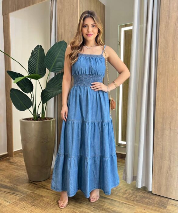 Vestido Longo Ana sem Bojo com Alça Regulável e Lastex Jeans - Fernanda Ramos Store