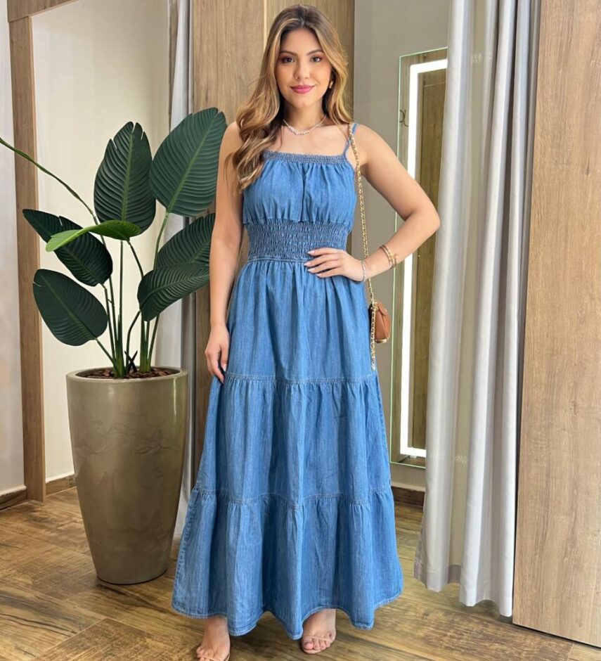 Vestido Longo Ana sem Bojo com Alça Regulável e Lastex Jeans - Fernanda Ramos Store