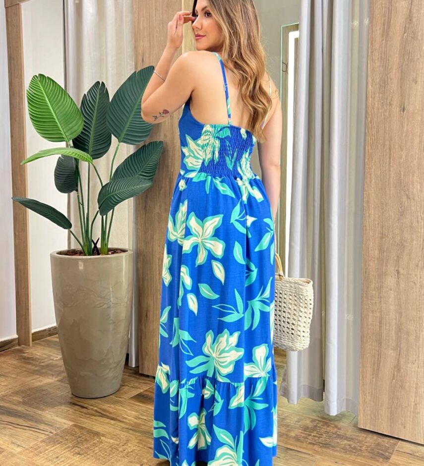 Vestido Longo Ana sem Bojo com Lastex Azul Estampado - Fernanda Ramos Store