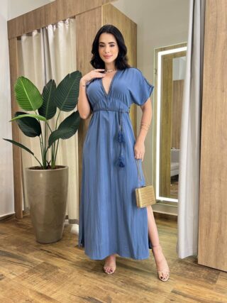 Vestido Longo Bia sem Bojo com Decote V e Amarração Azul - Fernanda Ramos Store