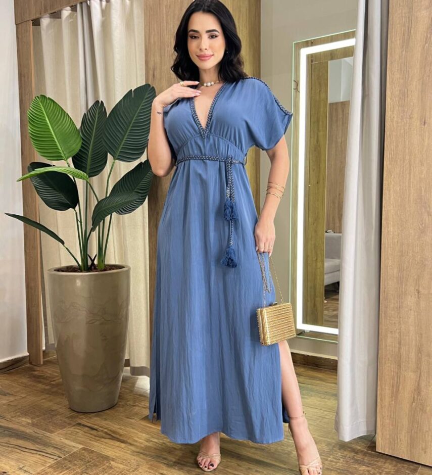 Vestido Longo Bia sem Bojo com Decote V e Amarração Azul - Fernanda Ramos Store