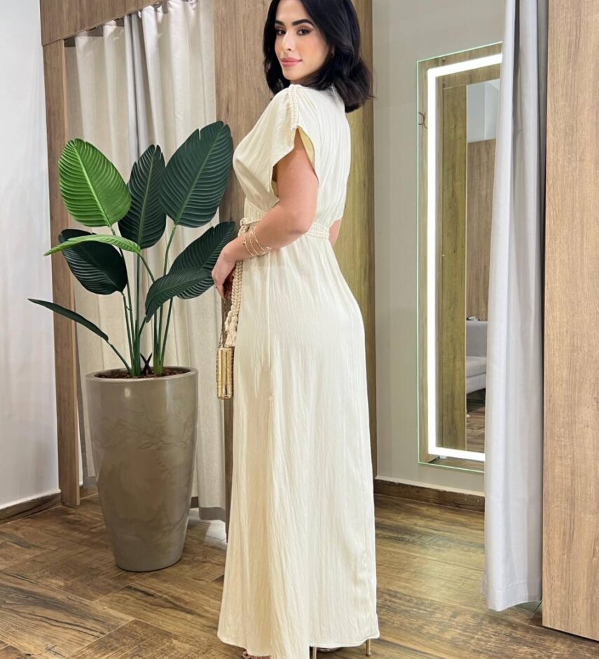 Vestido Longo Bia sem Bojo com Decote V e Amarração Nude - Fernanda Ramos Store